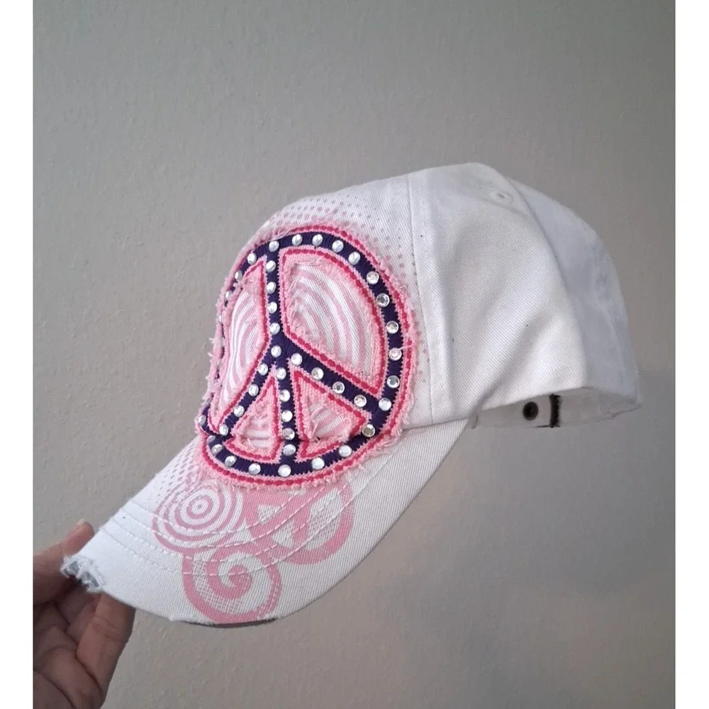 Leader Peace Sign Cadet Cap Distressed Crystal Studded Women's Adjustable White
